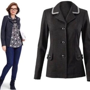 Cabi Charcoal Grey Fitted Ponte Knit Crew Button Detail Blazer Jacket Style 3030